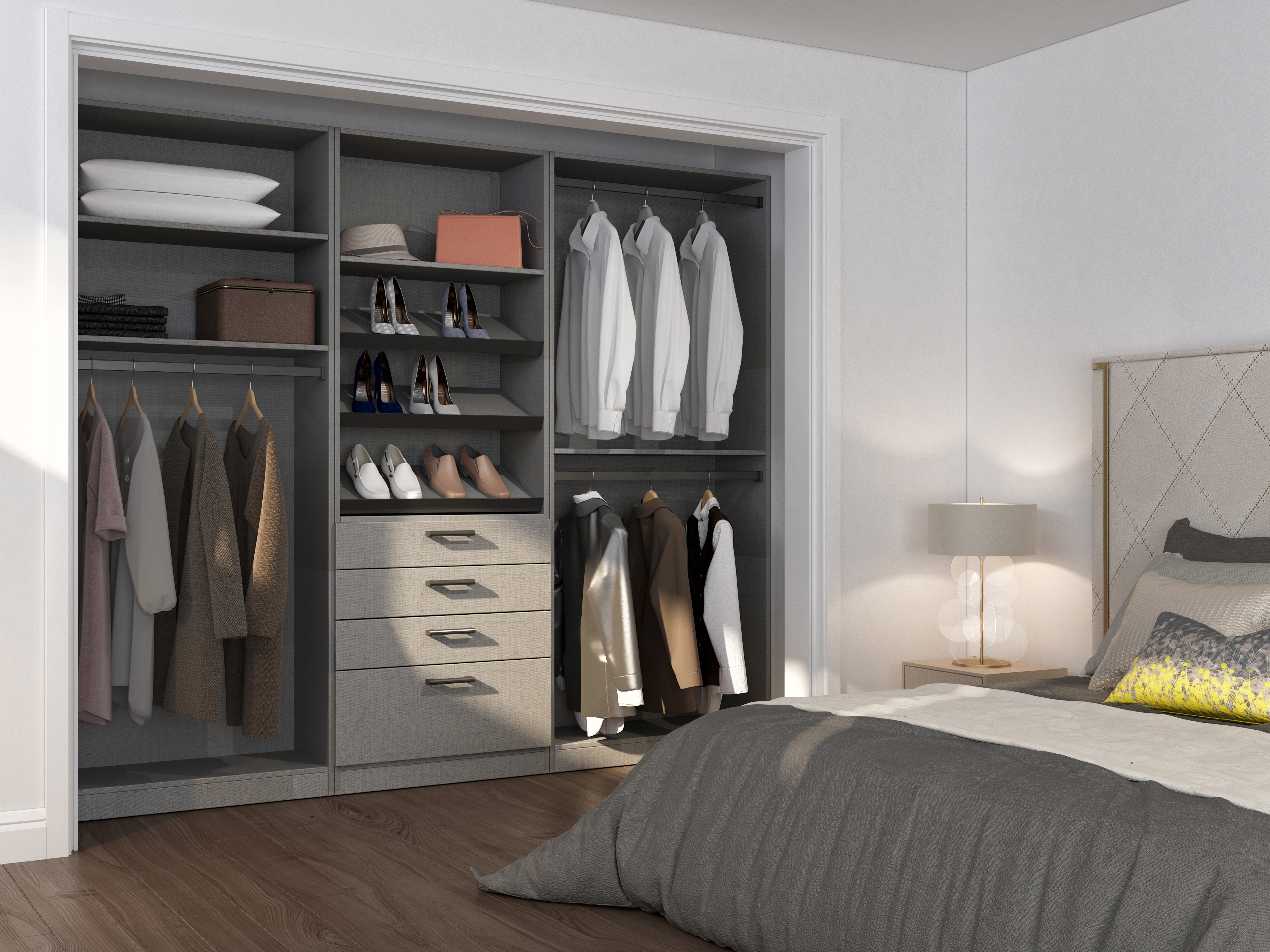 Fabric grey walk-in closet system