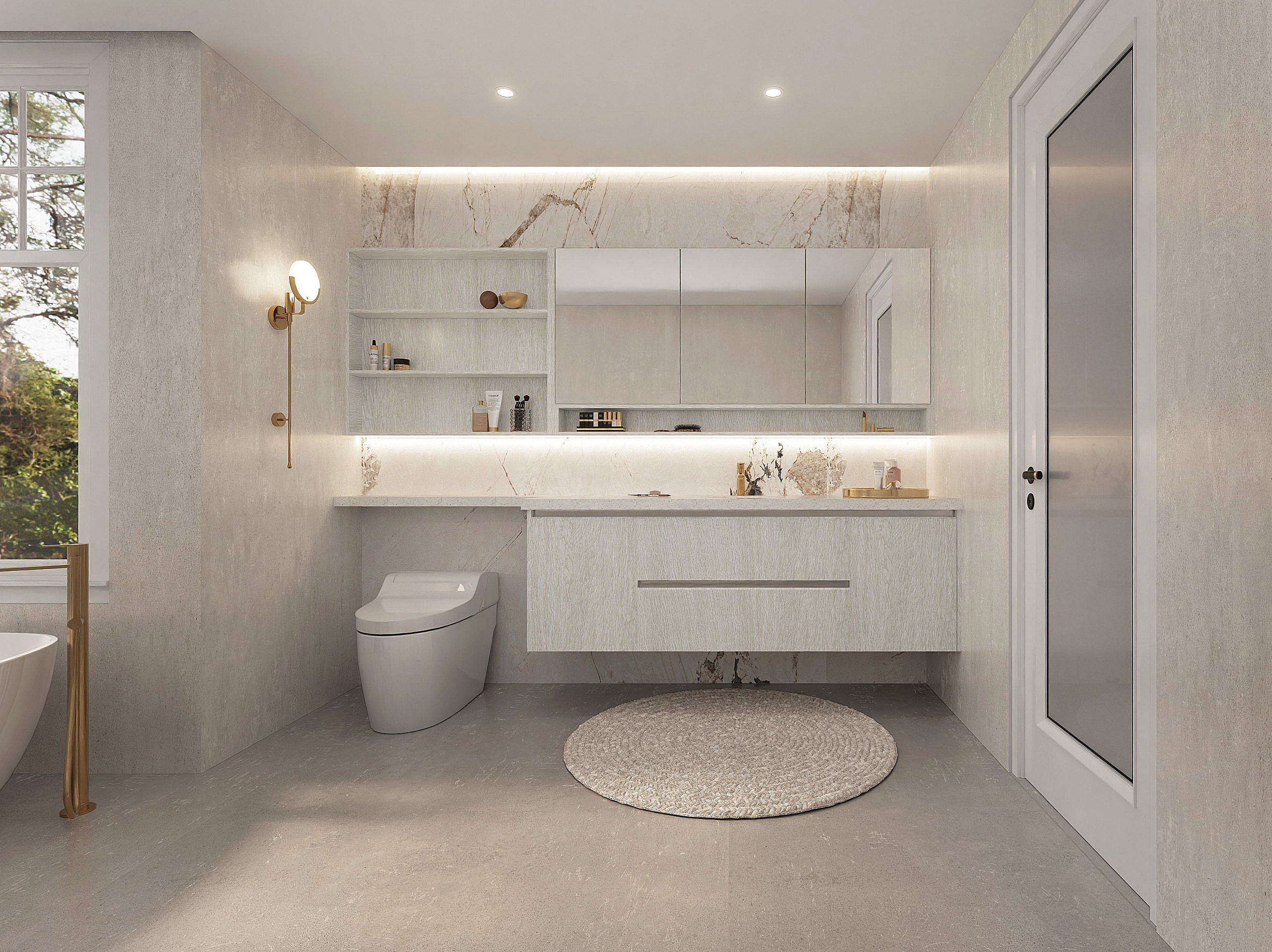 Modern bathroom vanity with white countertop